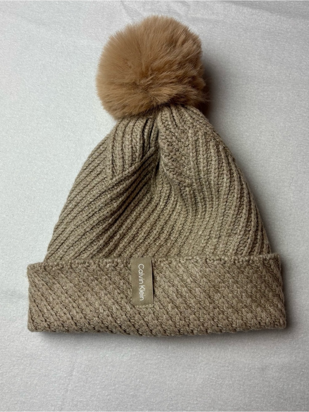 Calvin Klein Beige Knit Pom-Pom Beanie